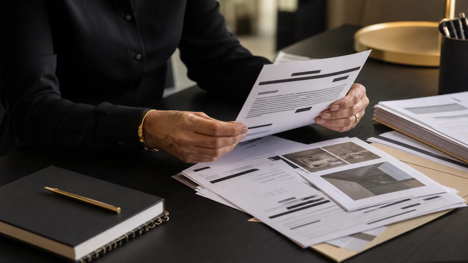 Anonymous policyholder reviewing a fully redacted claim decision with organized property photographs