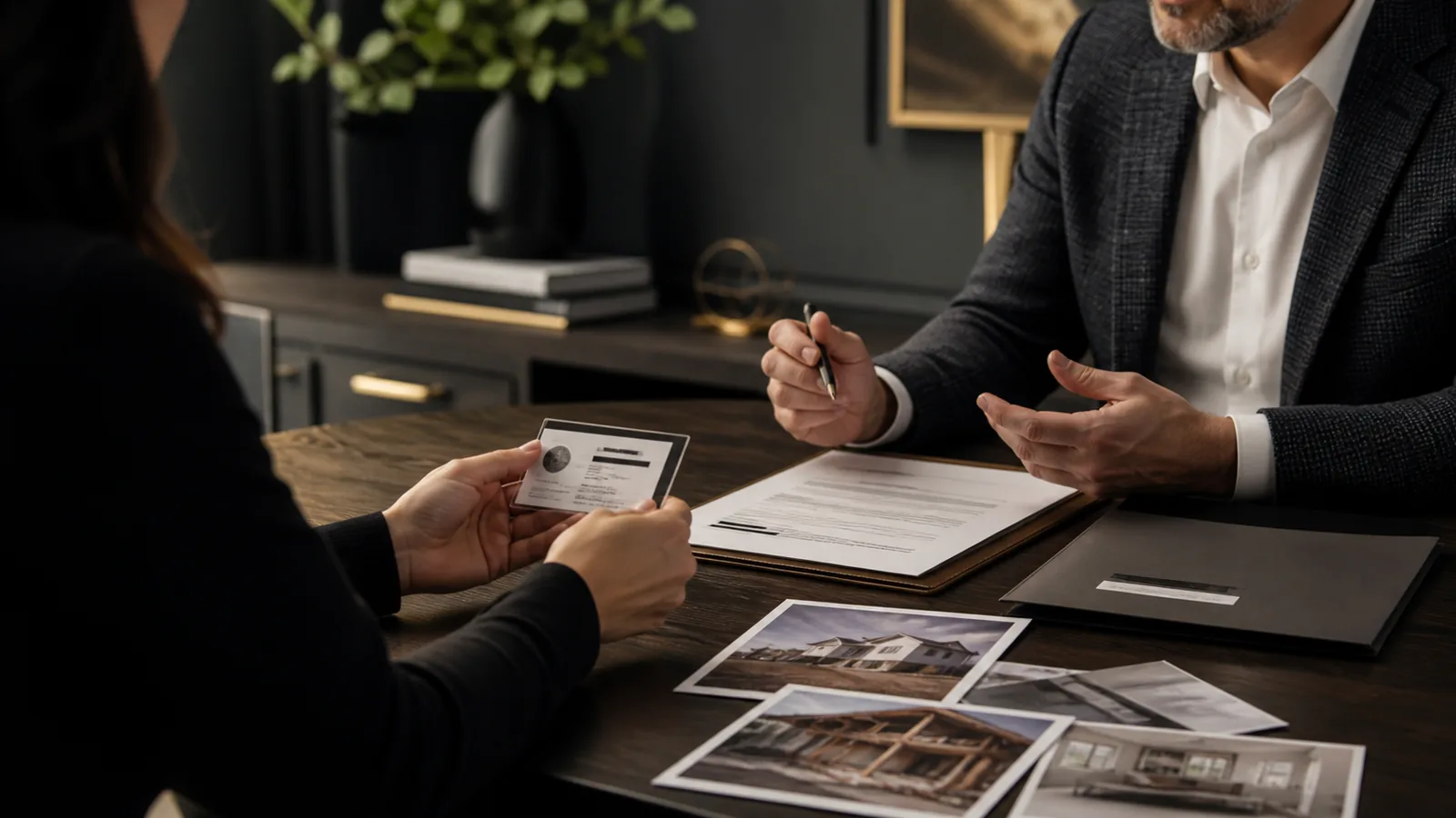 Policyholder reviewing an anonymized credential and written service agreement with a public adjuster