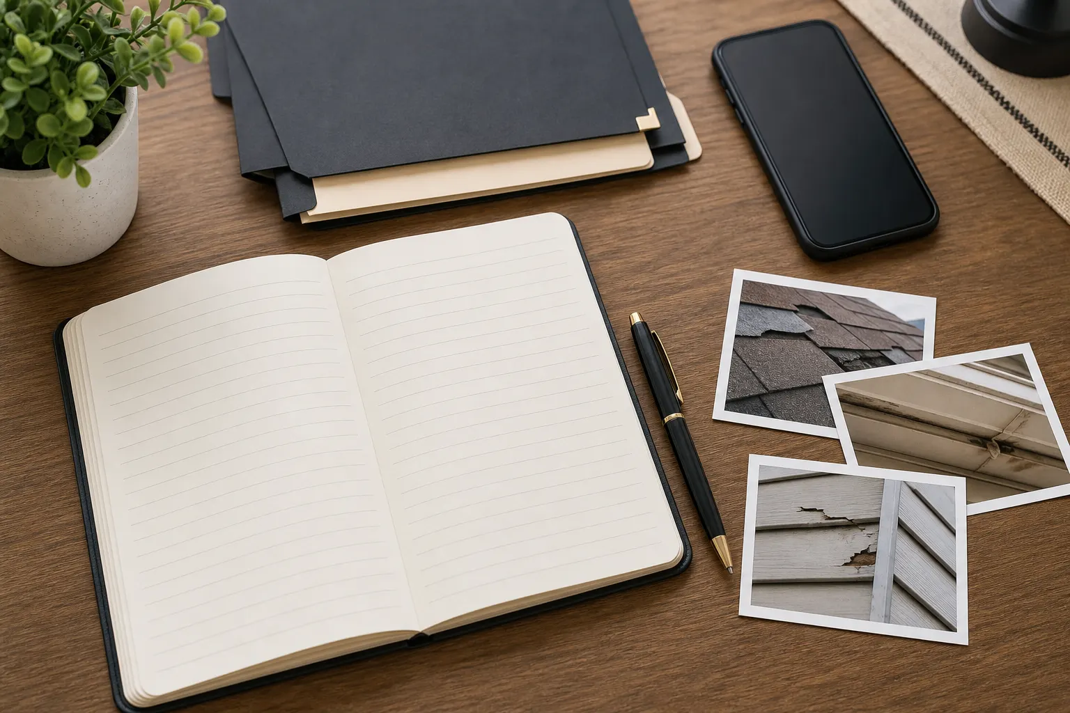 Illustrative desk with a blank notebook, phone, folders and printed home-damage photographs.