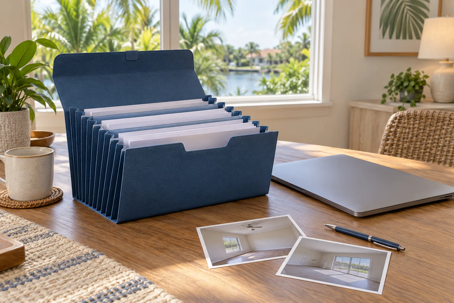 AI-generated illustration of a blue document organizer, blank papers, a closed laptop and generic room photos in an imagined Florida home.