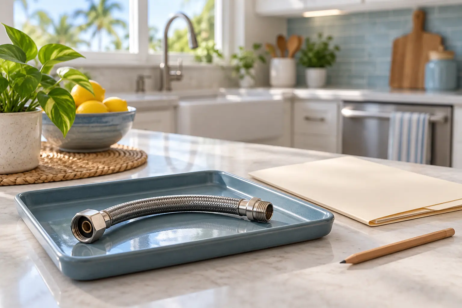 AI-generated illustration of a detached braided water supply hose on a tray beside a plain folder and pencil in a bright kitchen.